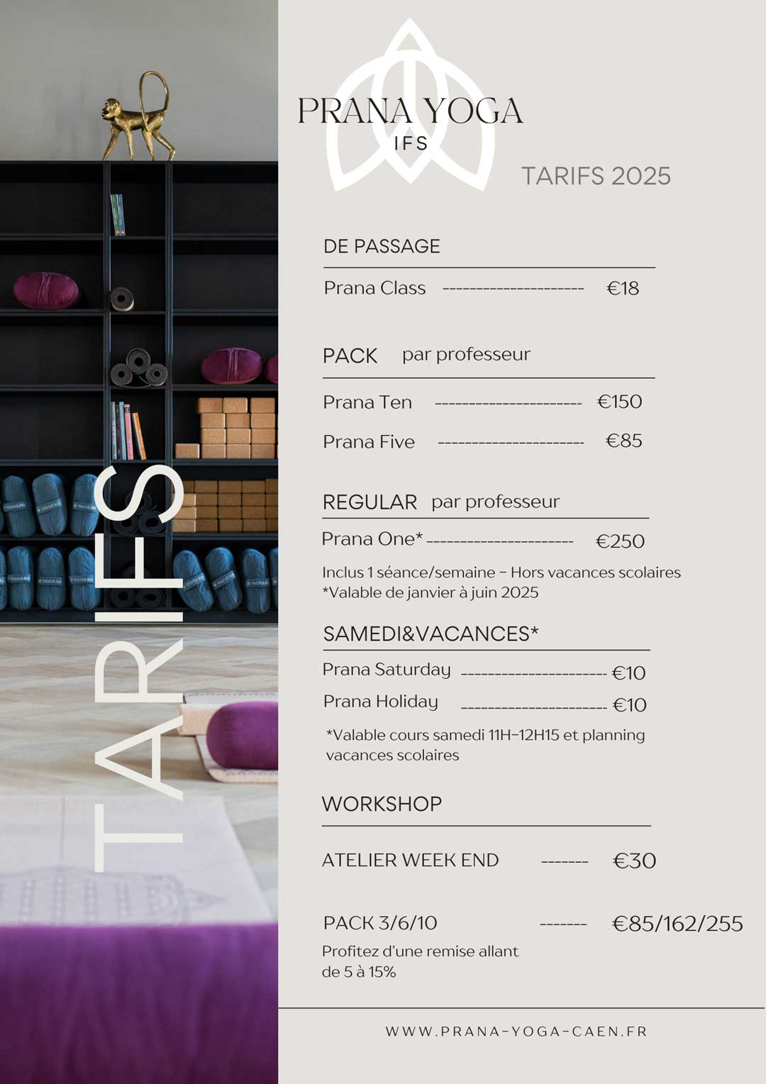 tarifs prana yoga 2025