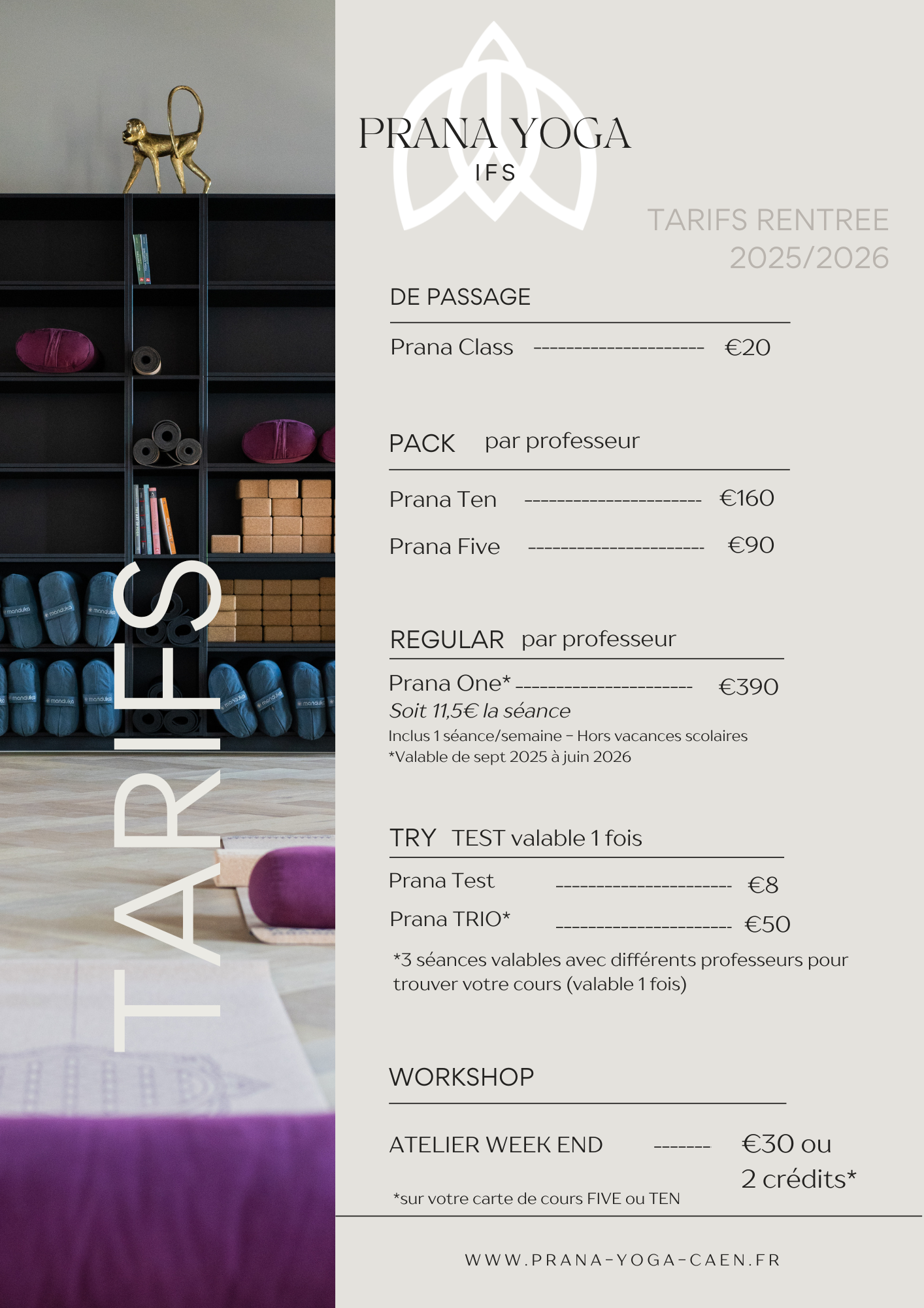 tarifs prana yoga 2025