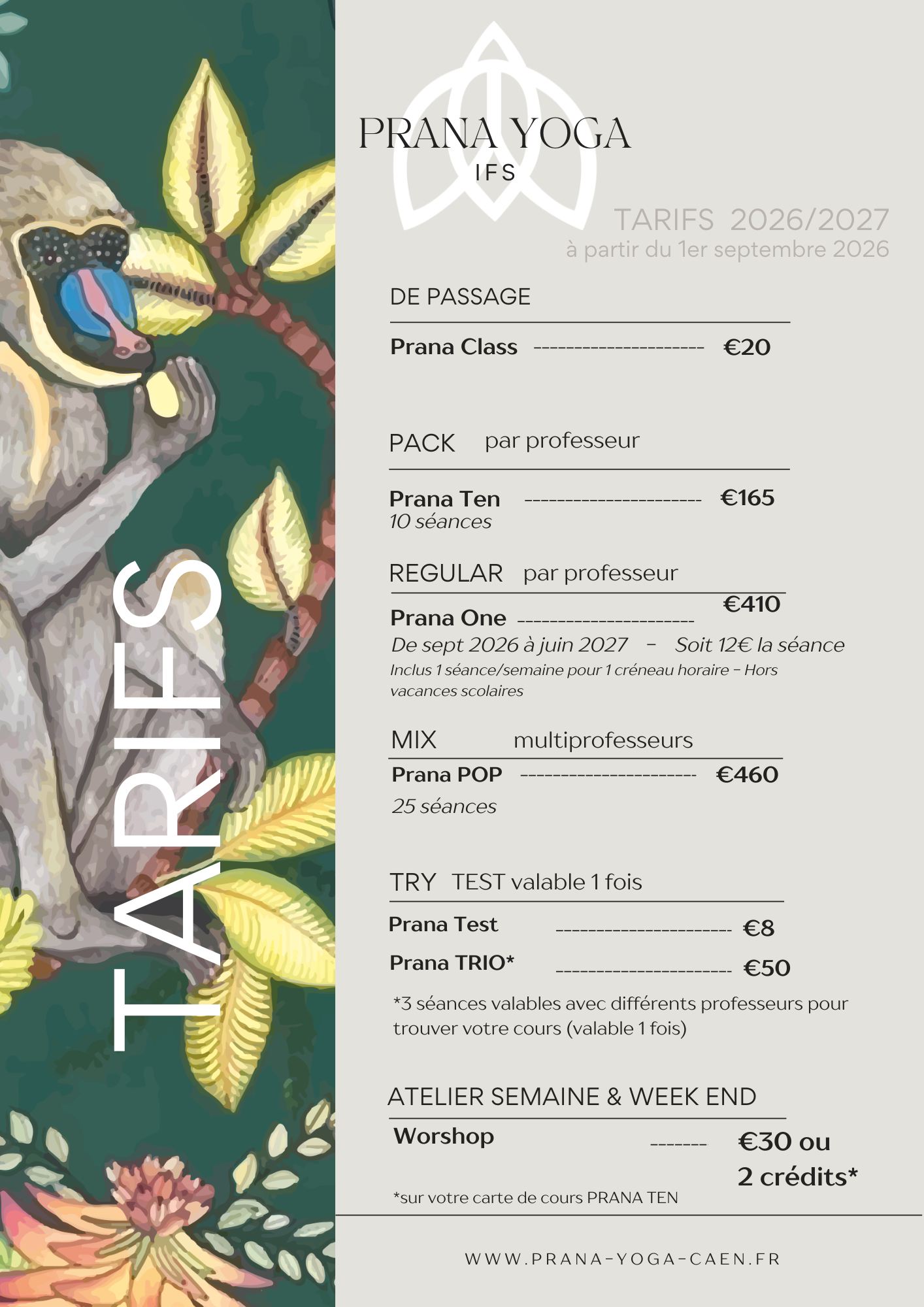 Tarifs Prana Yoga 2026-2027